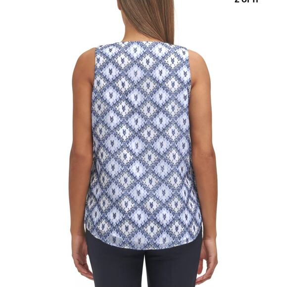 Calvin Klein Lined V-Neck Sleeveless Blouse Top Blue Multi Office Wear Workwear - Picture 2 of 10